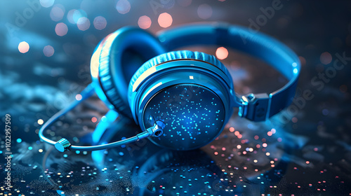 Futuristic illuminated headphones glowing in vivid colors on a dark bokeh in  background