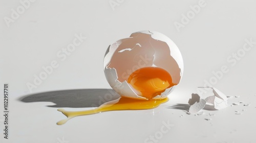 A white egg yolk with a cracked eggshell and yolk spilling out on a white background. photo