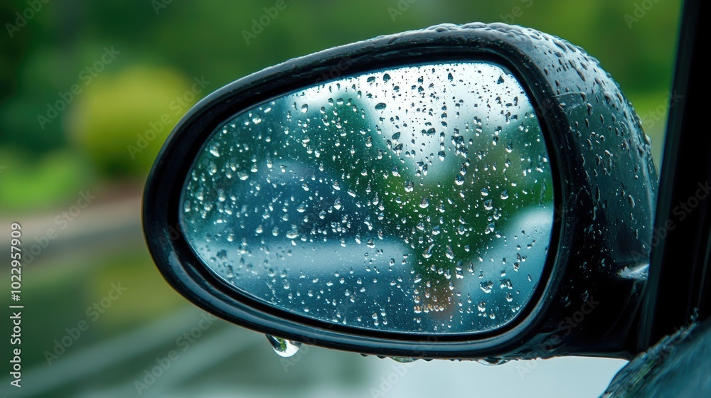 Close-up of raindrops on a car side mirror, reflecting distorted images, illustrating low visibility. Close-up of raindrops on a car side mirror, reflecting distorted images, illustrating low visibility.