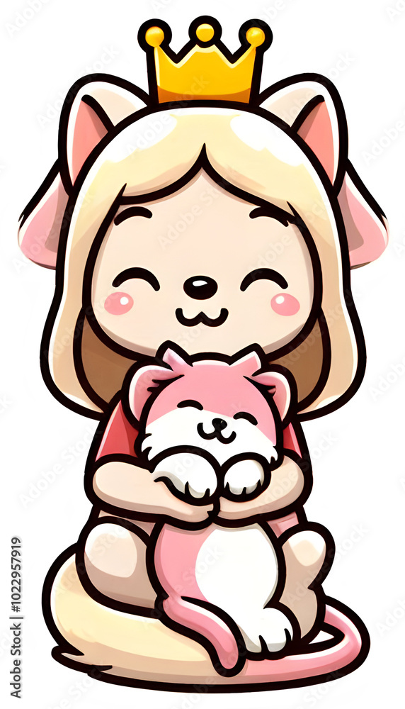 Fototapeta premium Cute cartoon princess with cat ears hugging a pink kitty