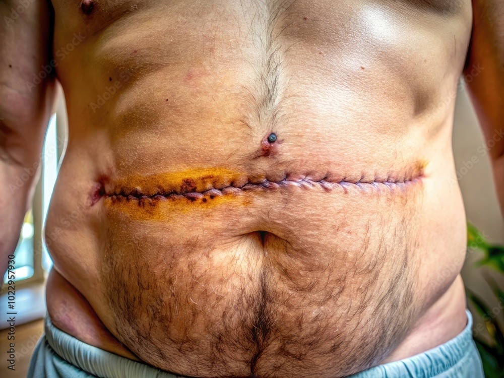 Naklejka premium Postoperative Hernia Surgery Scar on Skin Showing Healing Progress and Medical Recovery Stage