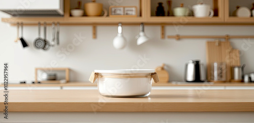 A glass food storage container with a wooden lid sits on a wooden kitchen counter, surrounded by modern kitchen utensils...