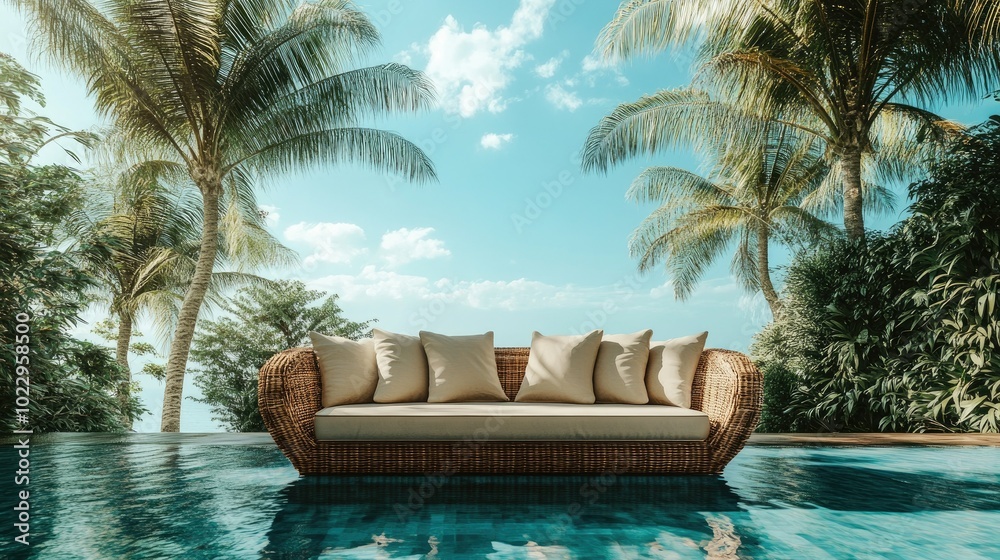 Fototapeta premium Comfortable rattan sofa near a pool, surrounded by palm trees and a clear blue sky for a resort-style feel