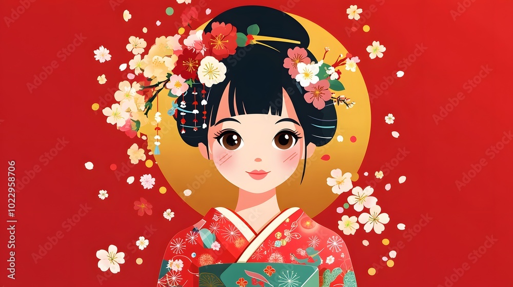 Japanese Woman in Red Kimono with Cherry Blossoms Illustration Japanese Woman in Red Kimono with Cherry Blossoms Illustration