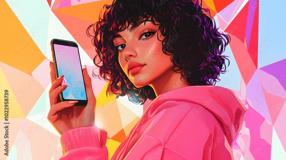 Young Woman with Curly Hair Holding Smartphone in Colorful Abstract Background Young Woman with Curly Hair Holding Smartphone in Colorful Abstract Background