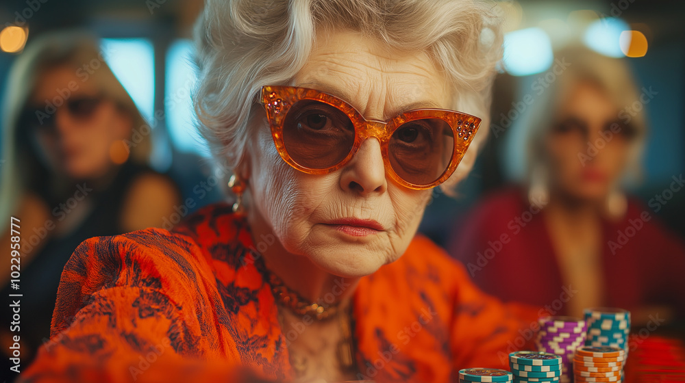 A group of stylish elderly women wearing fashionable sunglasses play poker in the living room, holding numerous chips on their table. The background is vibrant and colorful. The im A group of stylish elderly women wearing fashionable sunglasses play poker in the living room, holding numerous chips on their table. The background is vibrant and colorful. The im