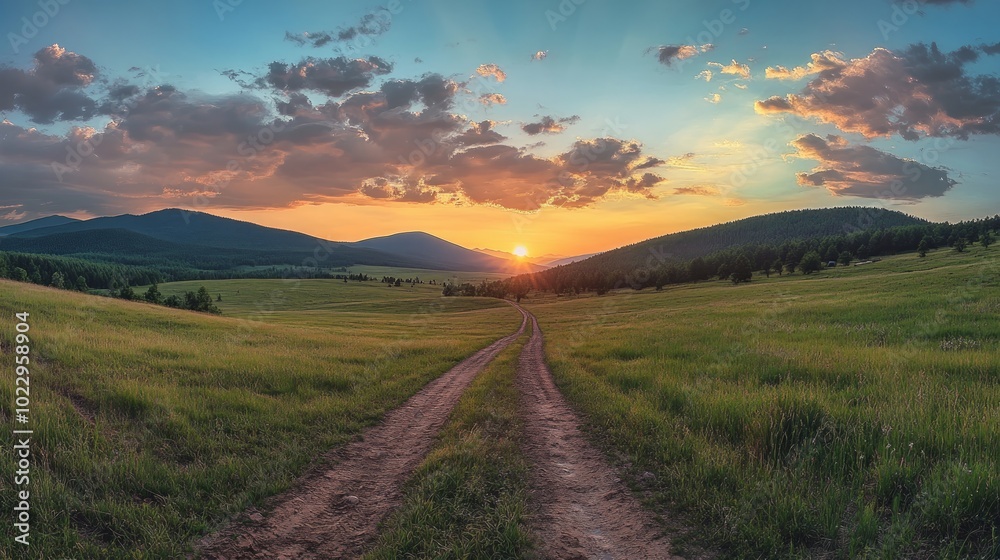 Fototapeta premium A winding dirt road leads through a lush green valley towards a stunning sunset with vibrant orange and pink hues, framed by majestic mountains in the distance.