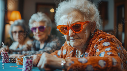 A group of elderly women wearing sunglasses and playing poker in the living room, holding chips in their hands. One woman is sitting at one end with her head down, focused on her c