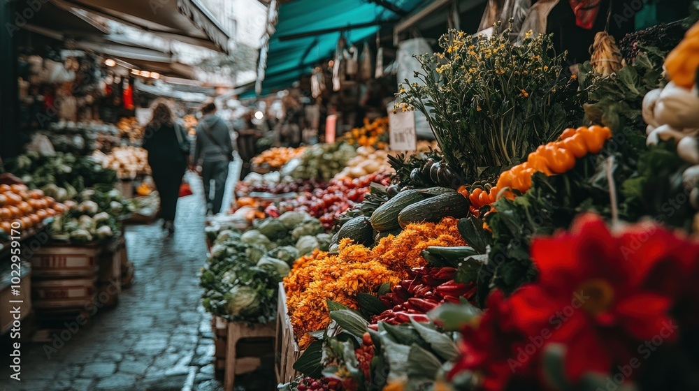 A Vibrant Display of Fresh Produce and Flowers at a Market Stall A Vibrant Display of Fresh Produce and Flowers at a Market Stall