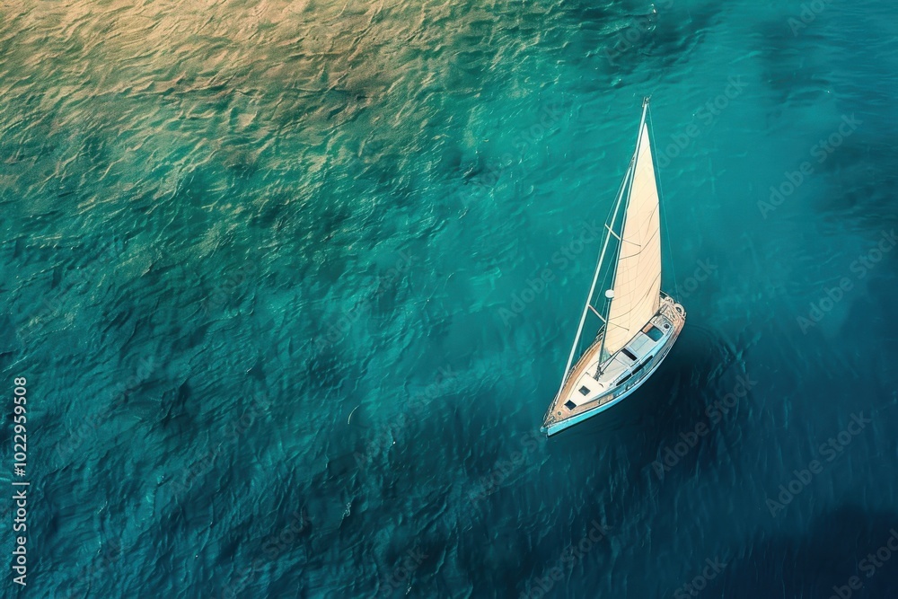Aerial view of a sailboat navigating through clear turquoise waters on a sunny day Aerial view of a sailboat navigating through clear turquoise waters on a sunny day