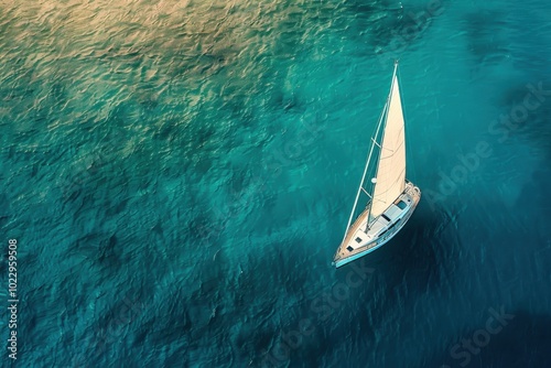 Wallpaper Mural Aerial view of a sailboat navigating through clear turquoise waters on a sunny day Torontodigital.ca