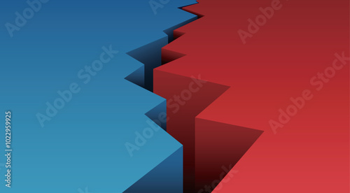 Cracked broken ground earthquake split blue red divided background design.