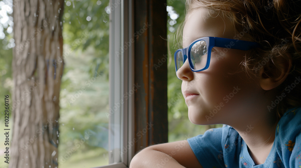 Young child wearing blue glasses focusing on distant tree outside window, symbolizing myopia prevention and importance of outdoor activities. Young child wearing blue glasses focusing on distant tree outside window, symbolizing myopia prevention and importance of outdoor activities.