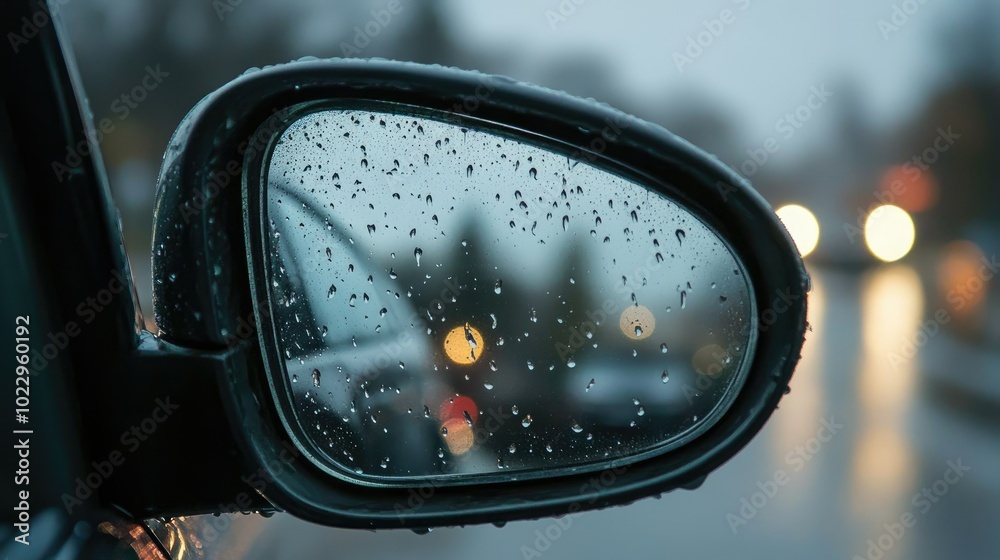Detail shot of raindrops on a side mirror, showing blurred background through wet glass. Detail shot of raindrops on a side mirror, showing blurred background through wet glass.
