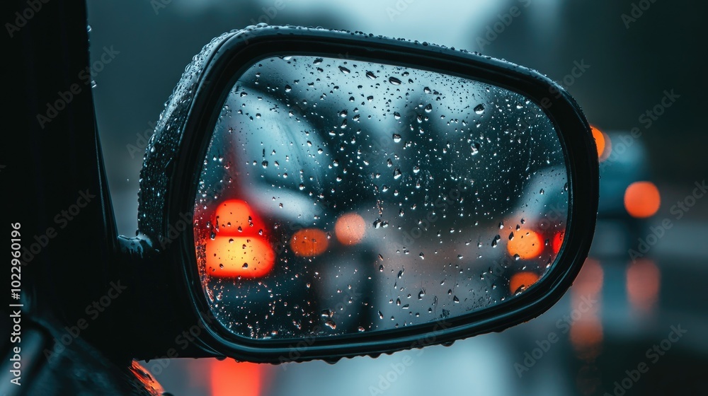 Detail shot of raindrops on a side mirror, showing blurred background through wet glass. Detail shot of raindrops on a side mirror, showing blurred background through wet glass.