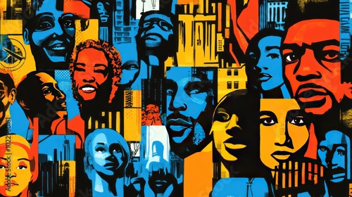 A vibrant mural featuring diverse faces and urban elements, celebrating culture and community.