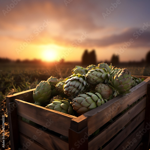 Artichokes harvested in a wooden box in artichoke field with sunset. Natural organic vegetable abundance. Agriculture, healthy and natural food concept. photo