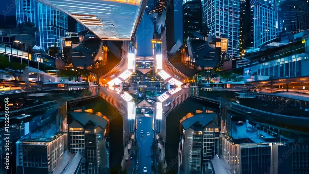 Kaleidoscopic view of a city skyline at night