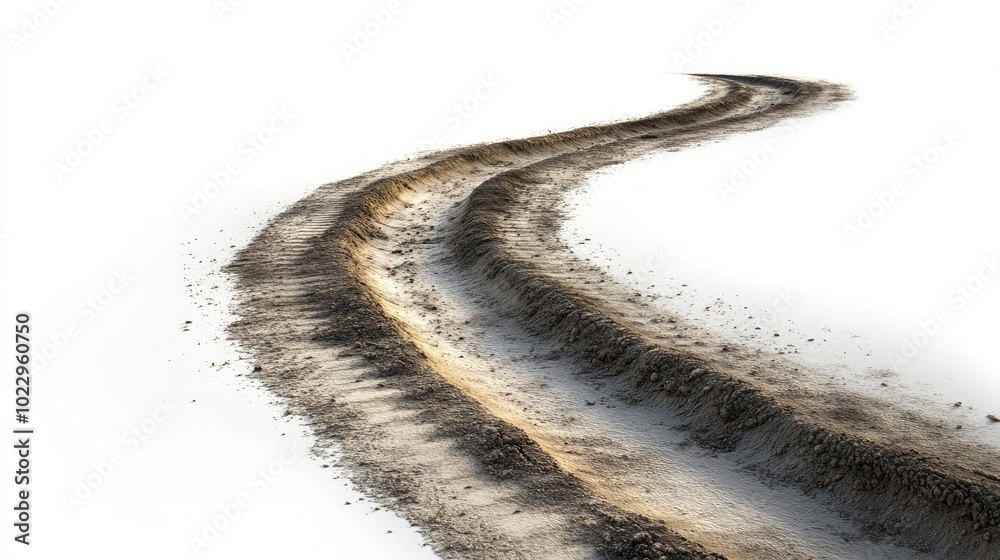 Fototapeta premium Dirt road tire marks, curving slightly, with detailed texture and shadows, isolated on a white backdrop.