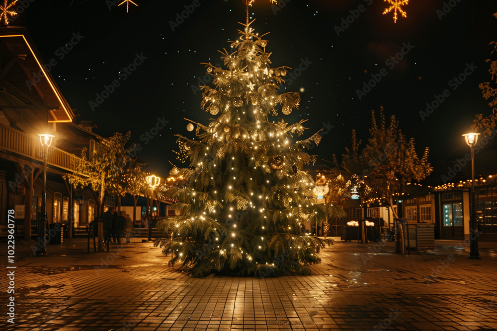Christmas Tree in the Town Square Adorned with Festive Lights and Holiday Ornaments Bringing Together the Rural Community Christmas Tree in the Town Square Adorned with Festive Lights and Holiday Ornaments Bringing Together the Rural Community