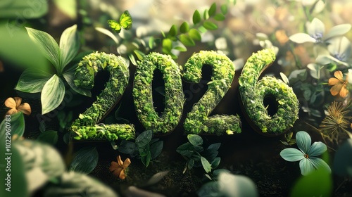 2026: A Sustainable Future: The year 2026 is rendered in lush moss, nestled amongst vibrant foliage, symbolizing a commitment to ecological balance and a thriving future.  