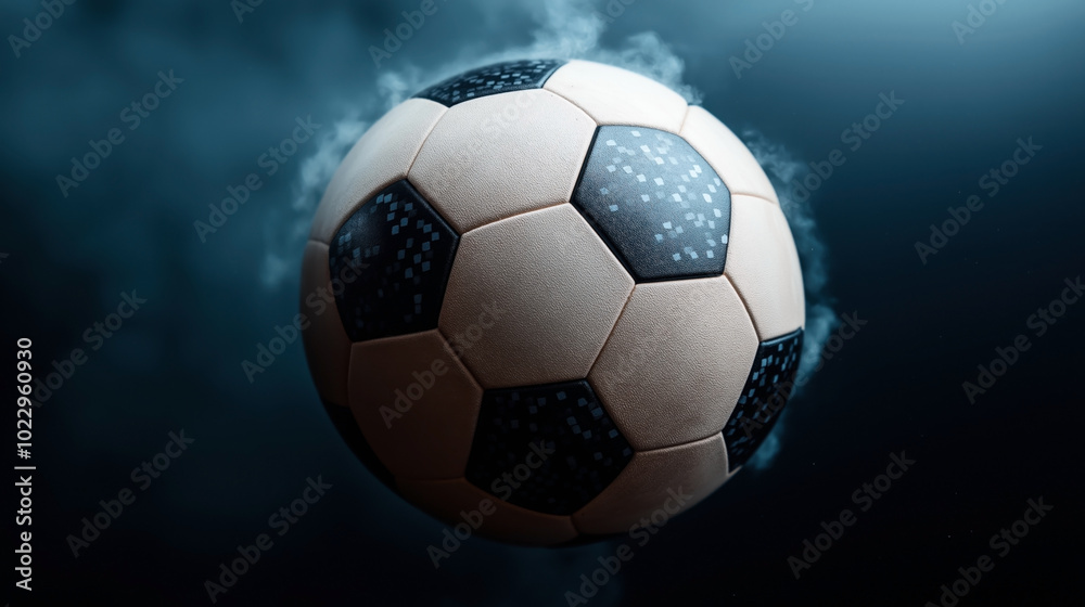 Fototapeta premium Close-up view of a soccer ball with modern pixelated pattern design, surrounded by a misty blue atmosphere, emphasizing dynamic motion and sport theme