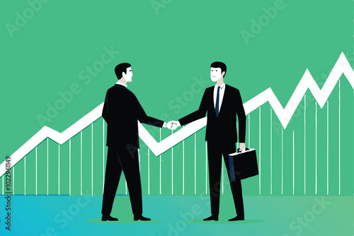 Two businessmen in suits shaking hands in front of an upward trending graph.