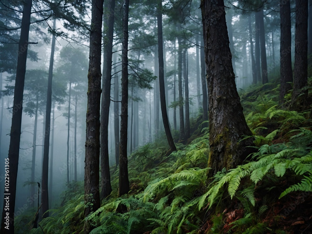 Obraz premium Misty forest, Misty landscape, Fog-shrouded forest, Forest in fog with mist, wilderness landscape forest. Mysterious fog-filled forest scene