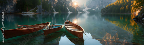 old wooden boat on lake shore with beautiful mountain and trees landscape sunshine in background