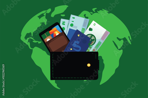 Vector illustration of a wallet overflowing with various international currencies and credit cards, set against a green world map background.