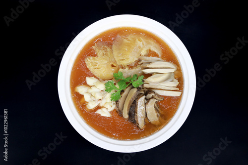 Chinese Shark's Fin Soup, Top view and close-up photo