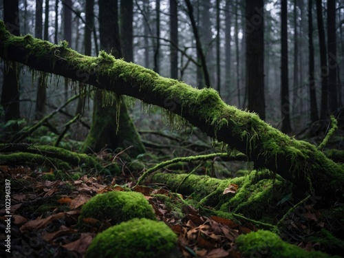 Moody picture of a moss-covered tree branch in the woods. Shadowy woodland scene with mossy branch