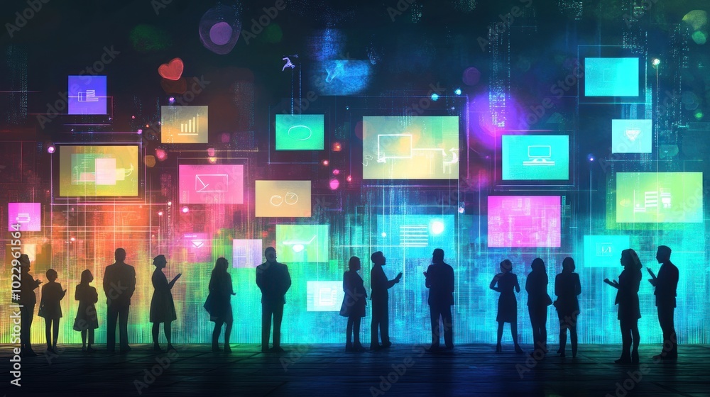 Fototapeta premium Silhouettes of people against a vibrant digital display of screens and icons.