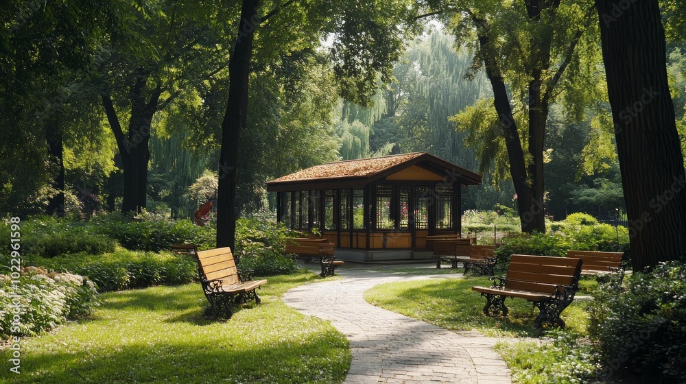 A wooden gazebo with benches sits in a lush green park with a stone pathway leading to it, surrounded by tall trees and bushes in the summer. A wooden gazebo with benches sits in a lush green park with a stone pathway leading to it, surrounded by tall trees and bushes in the summer.