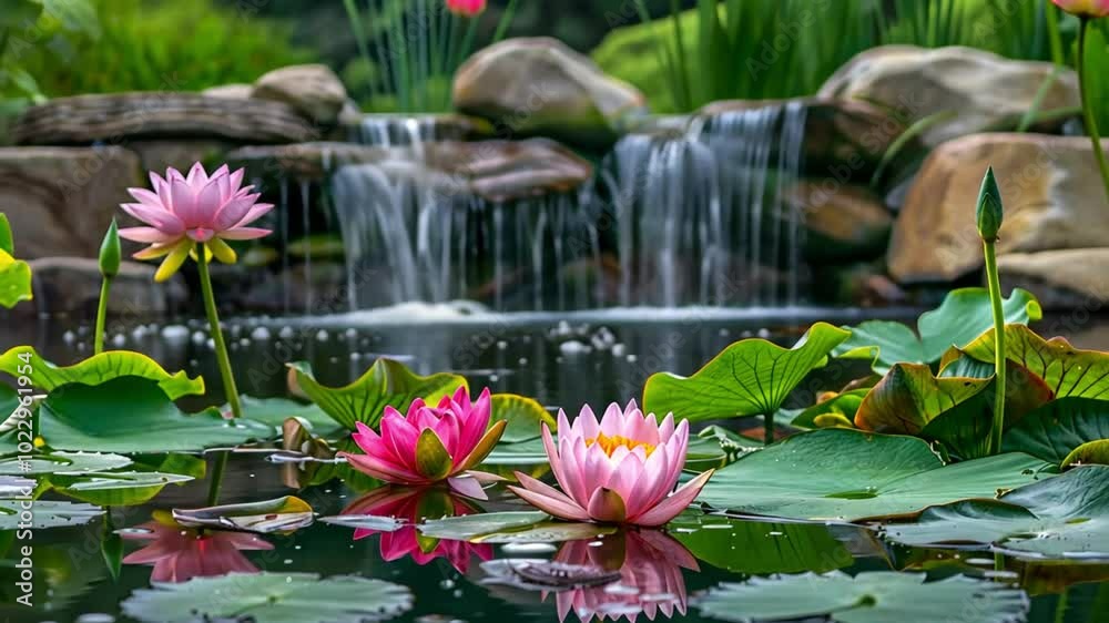 A serene pond scene featuring pink and white water lilies with a gentle waterfall in the background. A serene pond scene featuring pink and white water lilies with a gentle waterfall in the background.