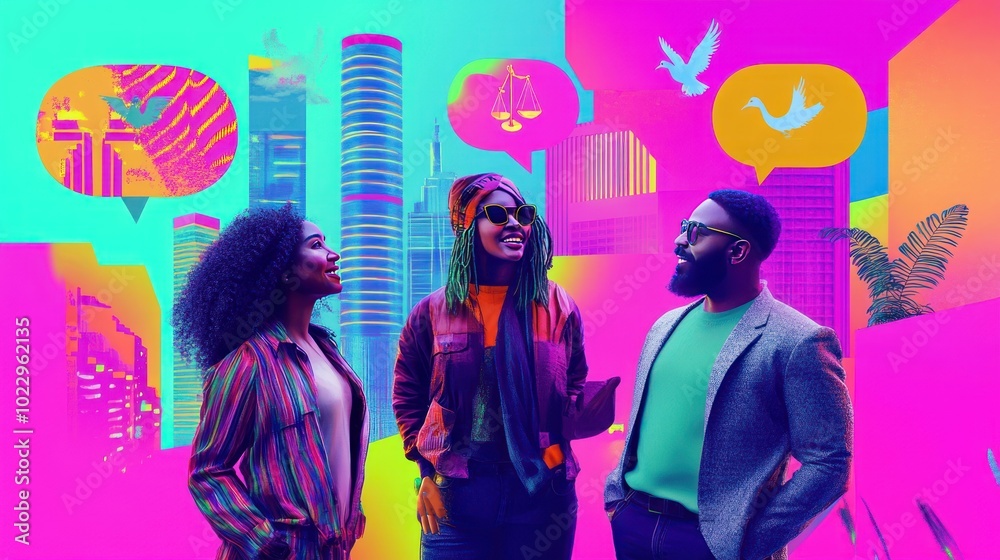 A vibrant scene of three people engaging in conversation against a colorful city backdrop. A vibrant scene of three people engaging in conversation against a colorful city backdrop.