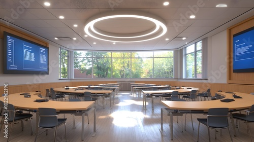 Classroom with a ring of desks, creating an intimate discussion space, digital screens on the walls, fostering communication and group learning