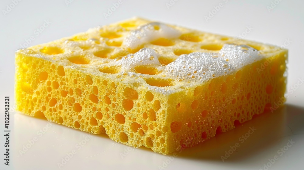 A yellow cleaning sponge with white soapy bubbles on top isolated on a white background. A yellow cleaning sponge with white soapy bubbles on top isolated on a white background.