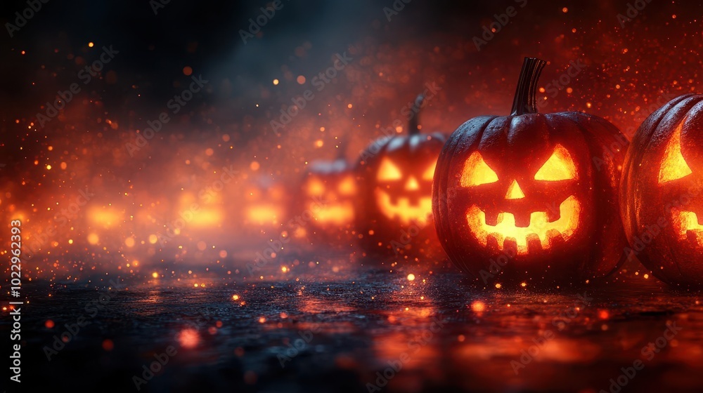 a row of halloween pumpkins with glowing faces creates an enchanting scene against an orange background softly illuminated by blurred lights for a festive spirit a row of halloween pumpkins with glowing faces creates an enchanting scene against an orange background softly illuminated by blurred lights for a festive spirit