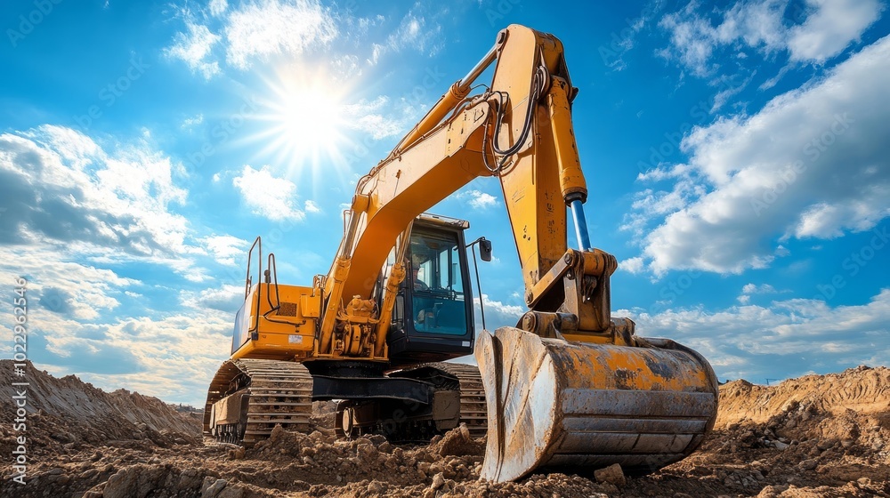A yellow excavator with its bucket lowered is ready to work on a construction site against a blue sky with white clouds and sun rays. A yellow excavator with its bucket lowered is ready to work on a construction site against a blue sky with white clouds and sun rays.