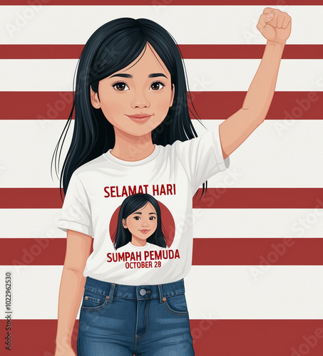 Young Asian girl clenches her fist for Indonesian Sumpah Pemuda Day