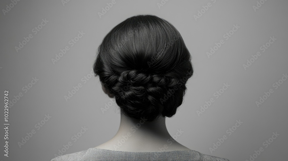 Fototapeta premium Hair clip in a young lady hair, viewed from behind, against a plain gray backdrop for focus.