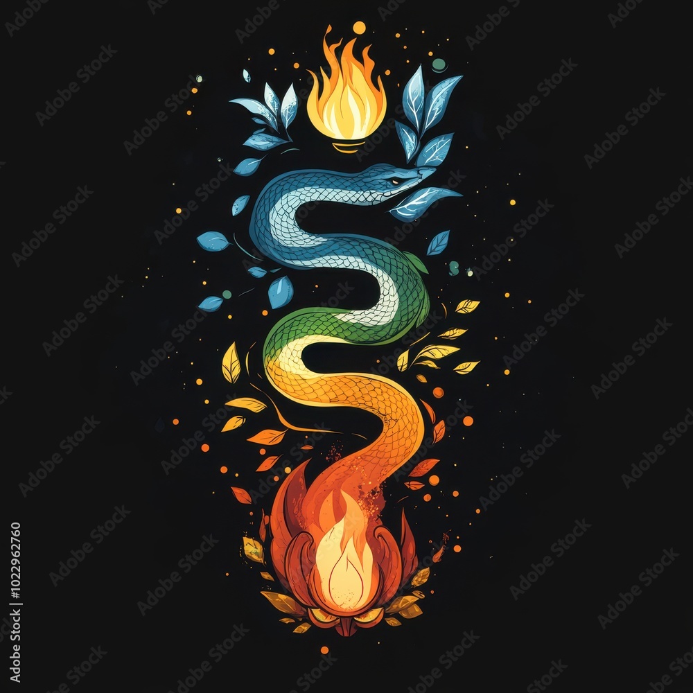 Colorful serpent with fire and leaves in mystical design
