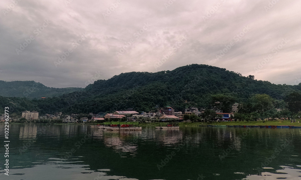 Fototapeta premium View of the Pokhara Phewa lake lakeside from a distance