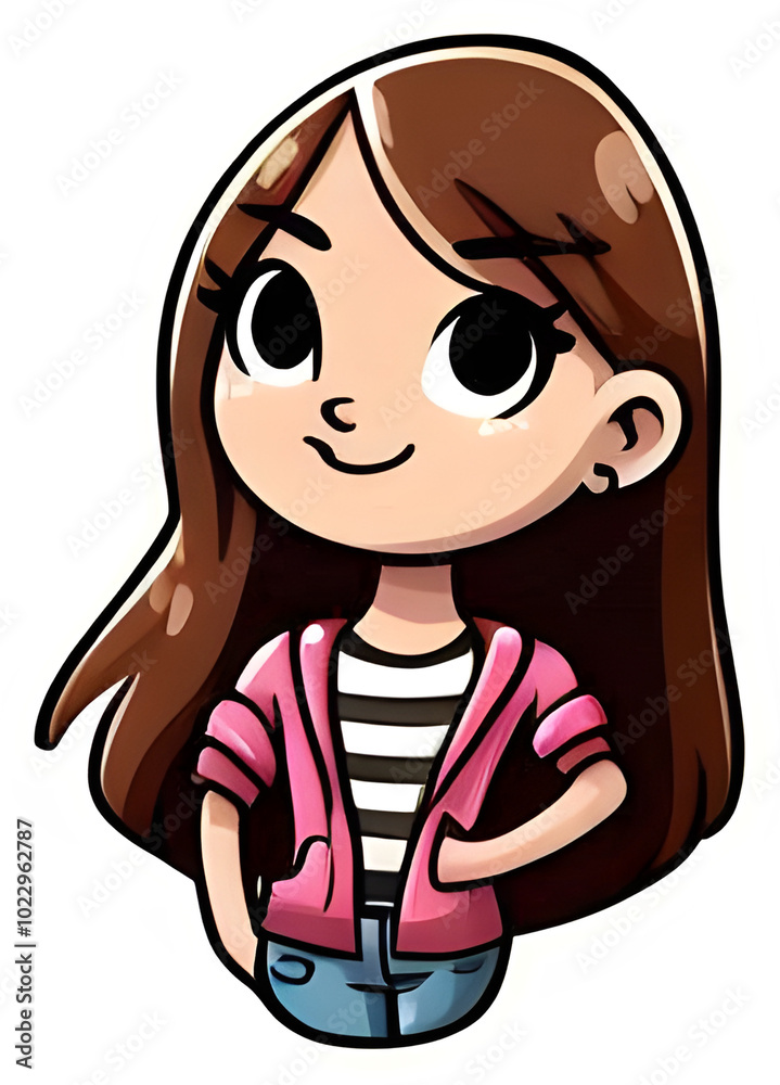 Cute cartoon girl character with confident smile and long hair Cute cartoon girl character with confident smile and long hair