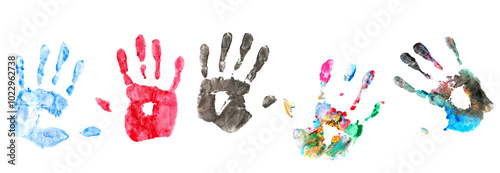 Set colorful hand print, different paint isolated on white, clipping 
 photo