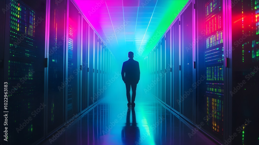 IT specialist standing in a modern data center, vibrant blue and green lights casting reflections off the equipment, giving a futuristic vibe IT specialist standing in a modern data center, vibrant blue and green lights casting reflections off the equipment, giving a futuristic vibe