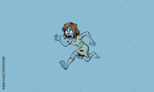 Cartoon female zombie running in tattered clothes.