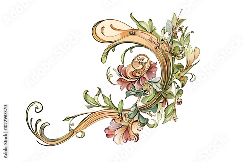 Watercolor Floral Ornament with Swirls and Leaves.