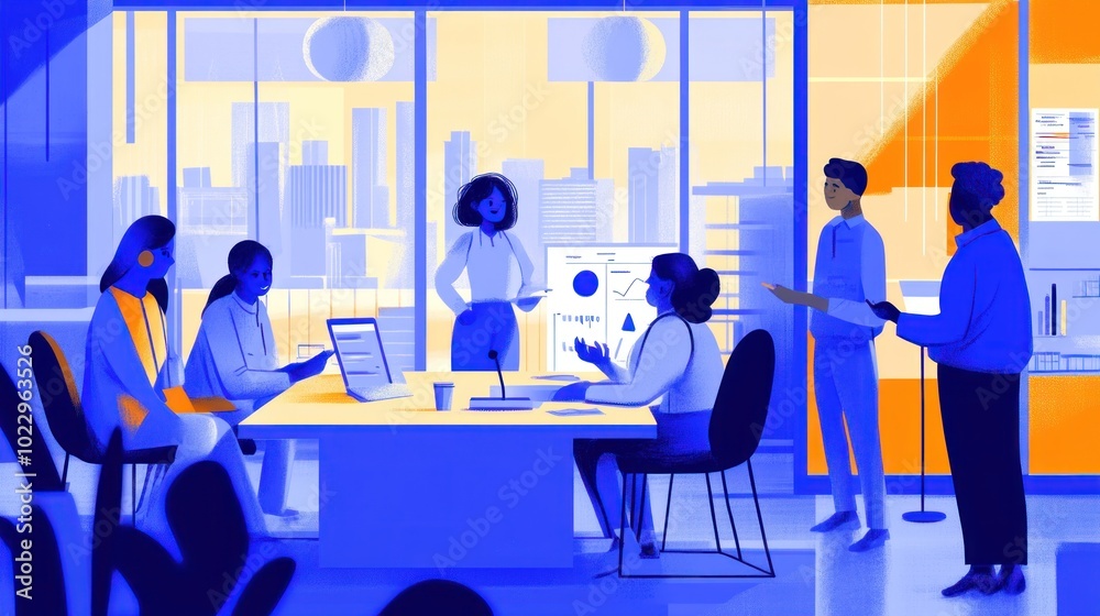 A diverse group in a modern office setting engaged in a collaborative meeting. A diverse group in a modern office setting engaged in a collaborative meeting.